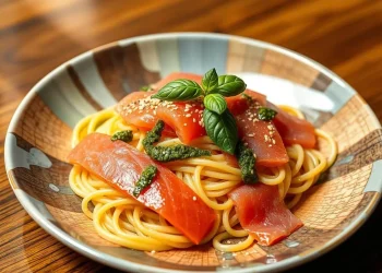 A bowl of spaghetti topped with slices of raw salmon, green basil leaves, sesame seeds, and dollops of green pesto is served on a patterned plate on a wooden table—a fresh taste from Jalbiteworldfood.