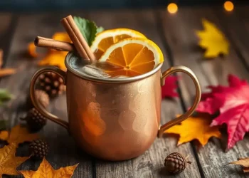 A copper mug filled with an autumn mule drink, garnished with orange slices and cinnamon sticks, sits on a wooden table surrounded by autumn leaves, pinecones, and warm ambient lights.