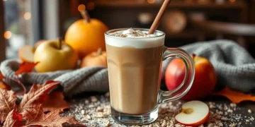 A glass mug of frothy coffee with a cinnamon stick sits on a rustic table, surrounded by apples, pumpkins, autumn leaves, oats, and a cozy knit blanket, capturing the inviting vibe of an apple crisp shaken espresso in autumn.
