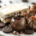 A plate with chocolate sandwich cookies, a luscious Oreo Dessert layered with cream and chocolate, and several chocolate truffles drizzled with chocolate and cookie crumbs.