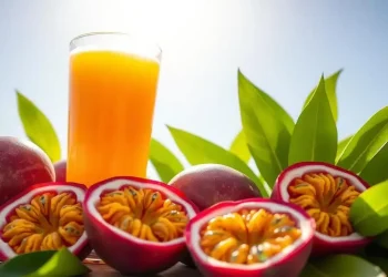 A glass of orange juice is surrounded by whole and halved passion fruits with yellow pulp, resting on green leaves under bright sunlight against a clear blue sky, capturing the essence of refreshing Passion Fruit Juice.