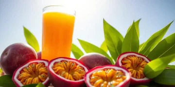 A glass of orange juice is surrounded by whole and halved passion fruits with yellow pulp, resting on green leaves under bright sunlight against a clear blue sky, capturing the essence of refreshing Passion Fruit Juice.