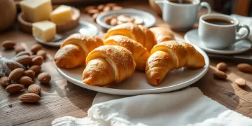 A plate of golden croissants made from a classic gipfeli recipe sits on a wooden table, surrounded by whole almonds, butter, two cups of coffee, and a folded white napkin in a cozy, sunlit setting.