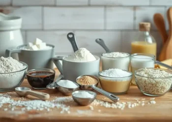 Various baking ingredients such as flour, sugar, rice, cocoa, and butter are arranged in cups and bowls on a wooden kitchen counter, perfect for practicing Cooking and Baking Conversions with measuring spoons and utensils in the background.