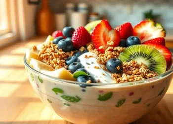 A bowl of yogurt topped with granola, blueberries, strawberries, kiwi slices, and apple slices sits on a sunlit wooden table—just like the perfect THICK smoothie bowl in a cozy kitchen.