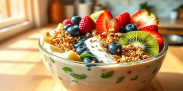 A bowl of yogurt topped with granola, blueberries, strawberries, kiwi slices, and apple slices sits on a sunlit wooden table—just like the perfect THICK smoothie bowl in a cozy kitchen.