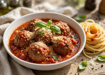 Italian meatballs in marinara sauce topped with parmesan and basil