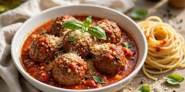 Italian meatballs in marinara sauce topped with parmesan and basil