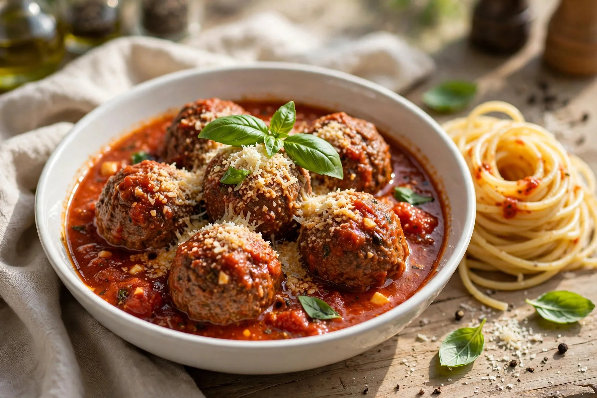 Italian meatballs in marinara sauce topped with parmesan and basil