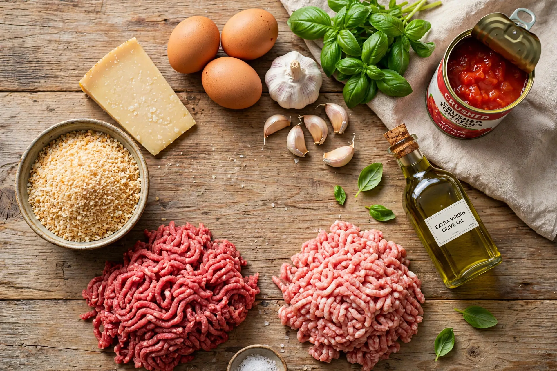 Raw Italian meatball ingredients laid out on a wooden table