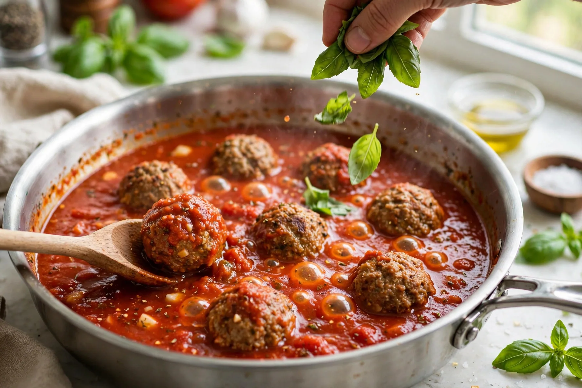 Meatballs simmering in marinara sauce in a skillet with fresh basil