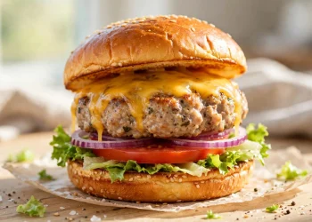 Juicy turkey burger with lettuce, tomato, and melted cheese on a toasted bun