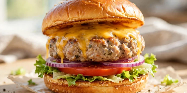 Juicy turkey burger with lettuce, tomato, and melted cheese on a toasted bun