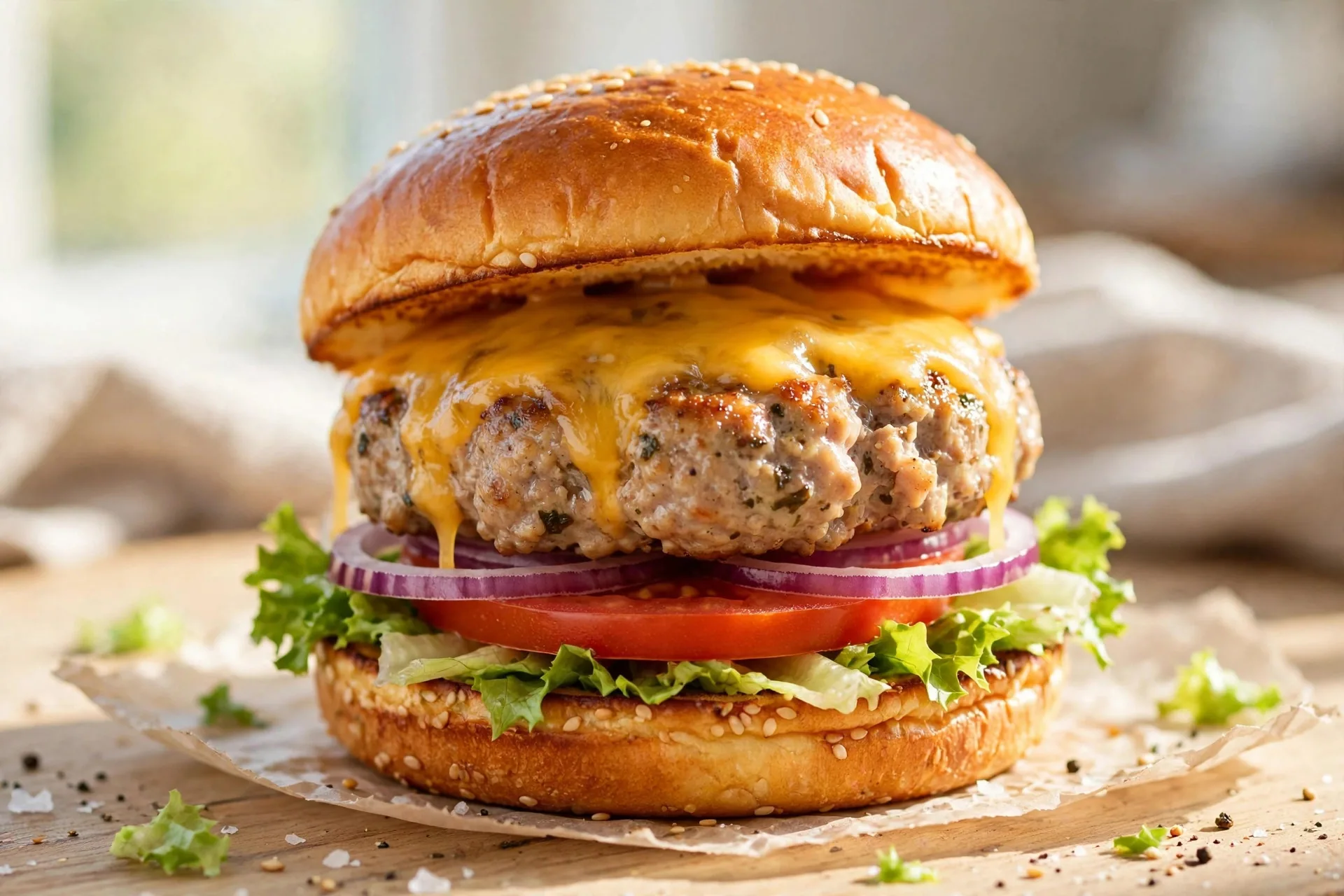 Juicy turkey burger with lettuce, tomato, and melted cheese on a toasted bun