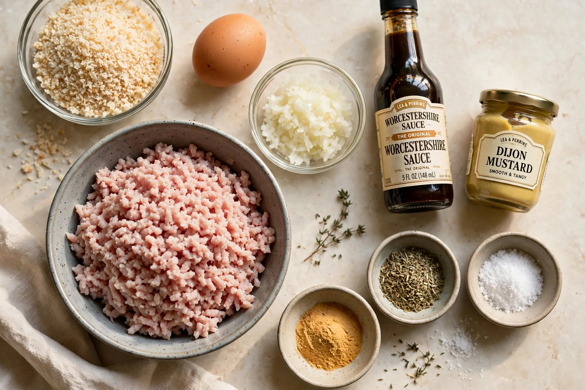 Ground turkey, panko, egg, grated onion, Worcestershire sauce, and spices in small bowls
