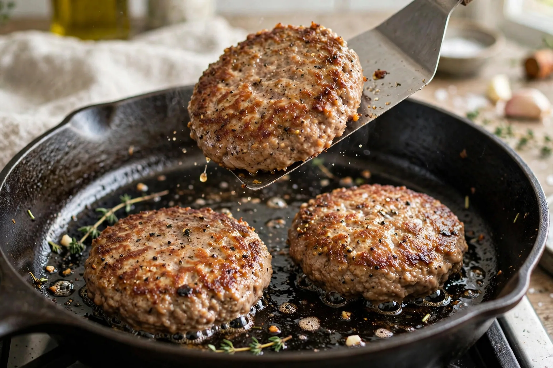Turkey burger patties searing in a cast iron skillet with a spatula flipping one