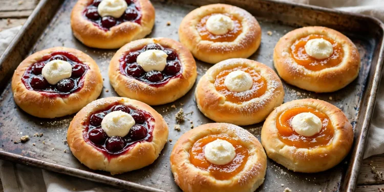 Golden kolaches on a baking tray with glossy cherry and apricot fruit fillings and cream cheese centers