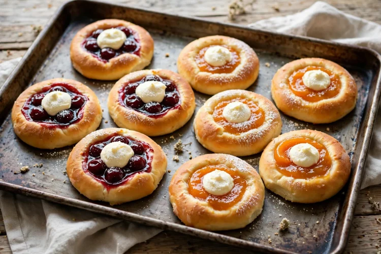 Golden kolaches on a baking tray with glossy cherry and apricot fruit fillings and cream cheese centers