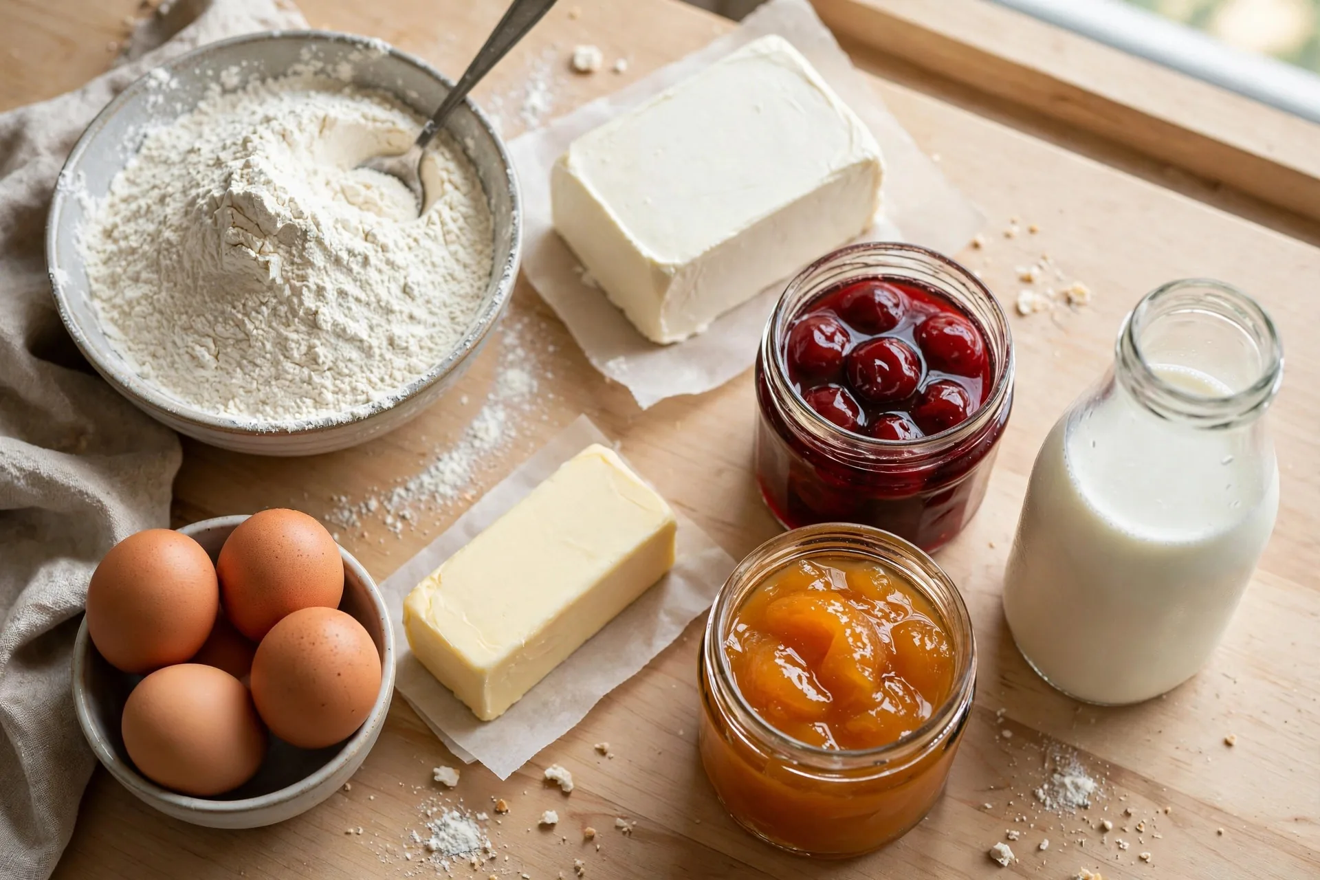 Kolache ingredients laid out mise en place: flour, cream cheese, cherry and apricot preserves, eggs, butter, and milk