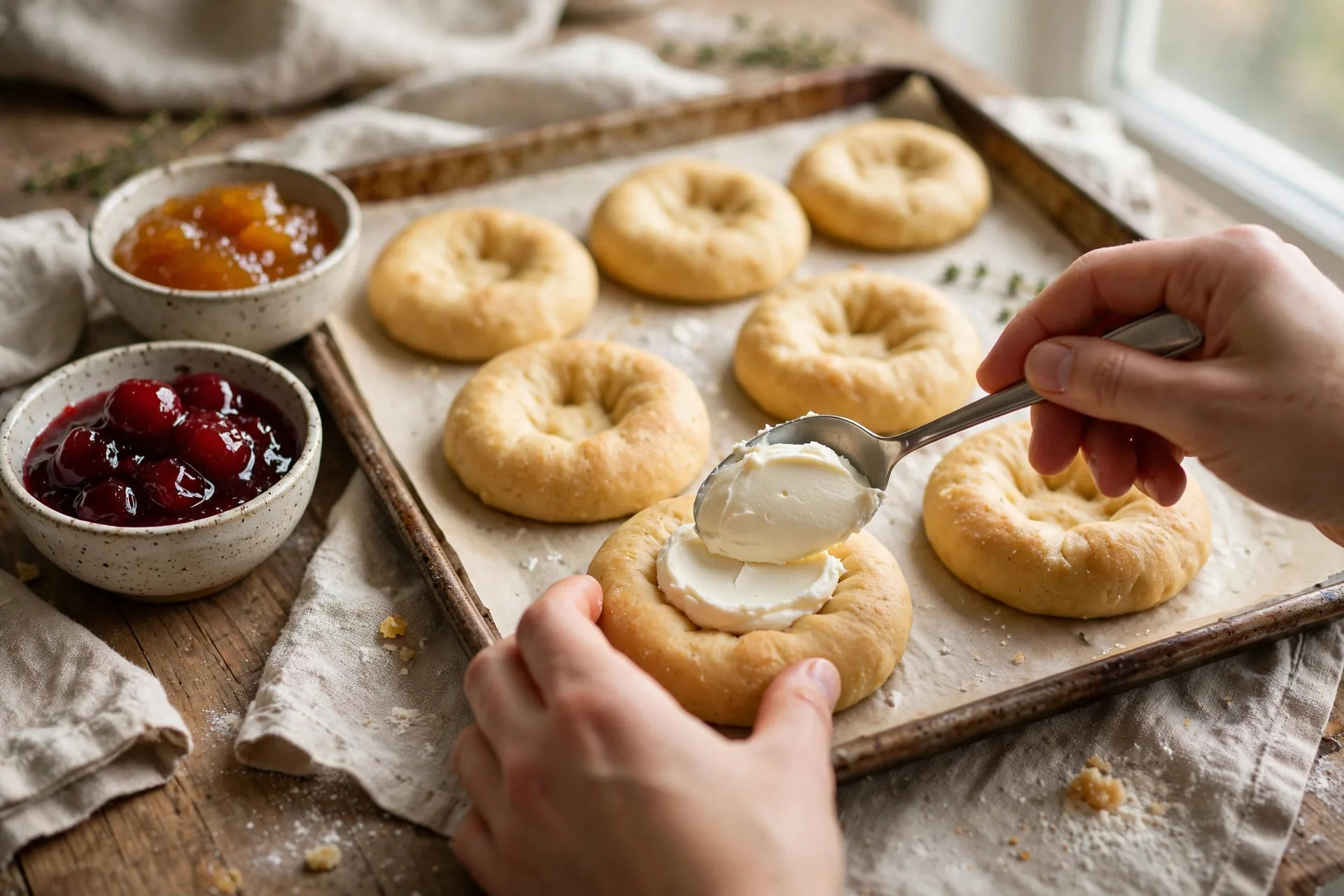 Hands spooning smooth cream cheese filling into the centers of golden kolache dough rounds on a baking sheet