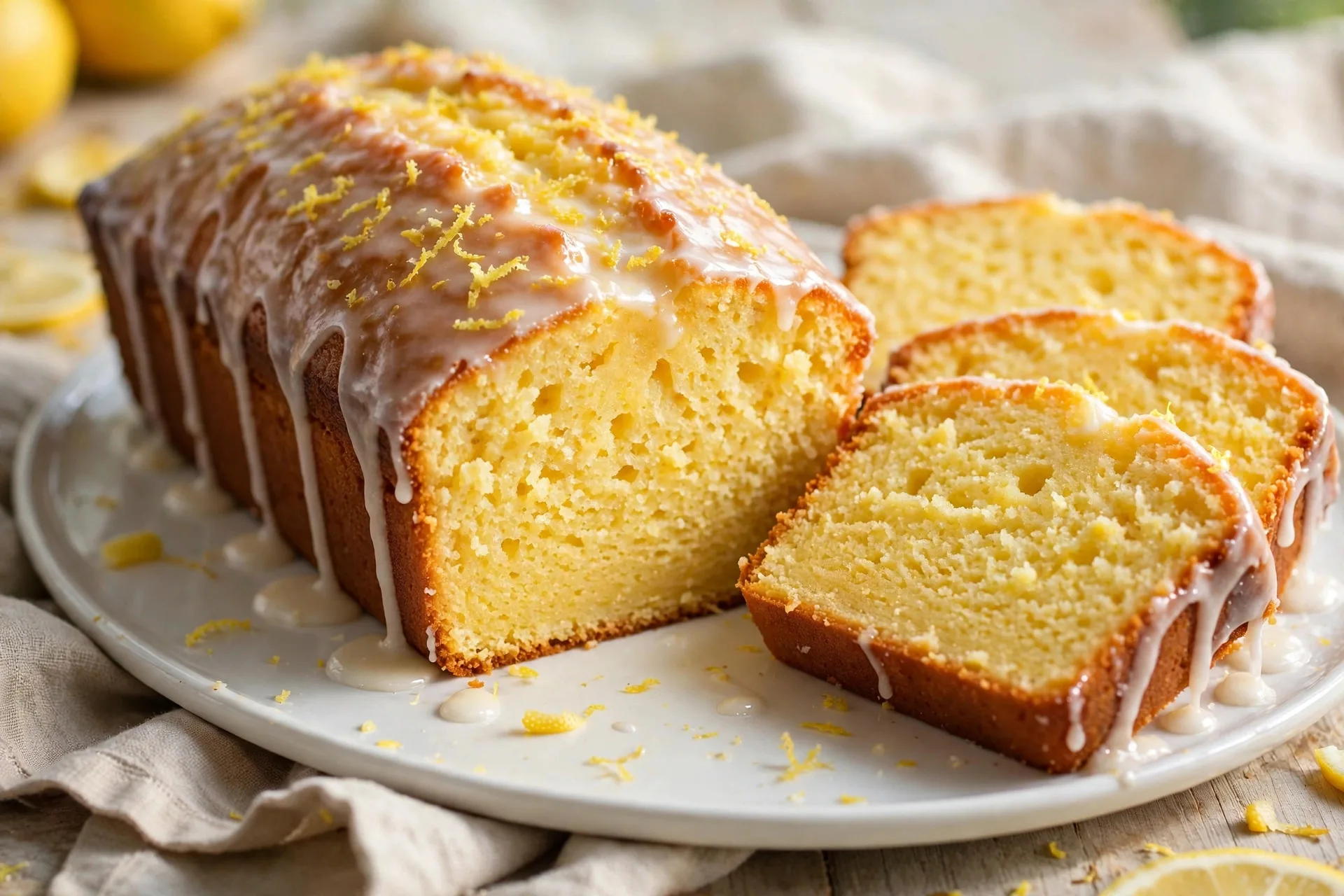 Sliced lemon drizzle loaf cake with glaze on a white platter
