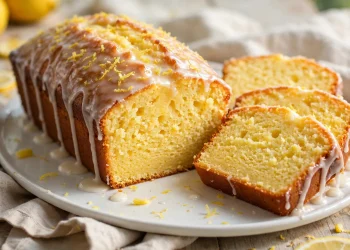 Glazed lemon drizzle loaf cake sliced on a white platter showing moist crumb