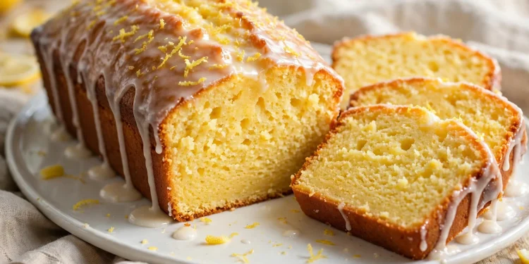 Glazed lemon drizzle loaf cake sliced on a white platter showing moist crumb