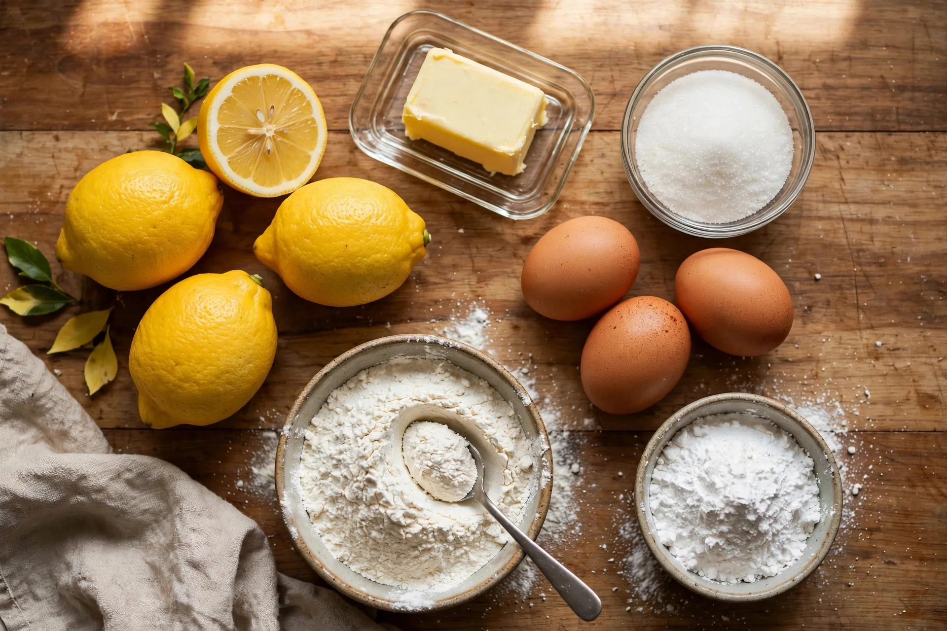 Fresh lemons, butter, sugar, eggs, flour and powdered sugar laid out for lemon loaf