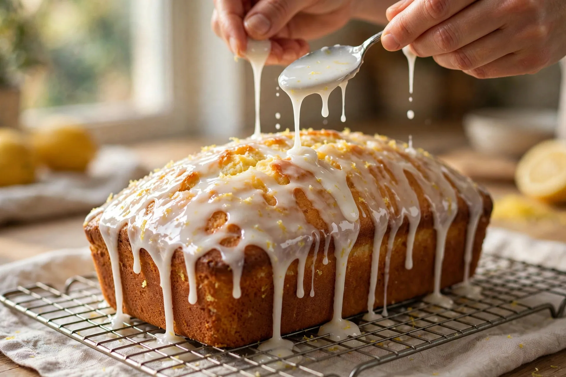 Hands drizzling lemon glaze over a freshly baked lemon loaf cake on a cooling rack