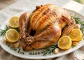 Whole golden lemon herb roast chicken with lemon halves and fresh herbs on a platter