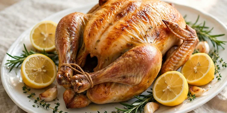 Whole golden lemon herb roast chicken with lemon halves and fresh herbs on a platter