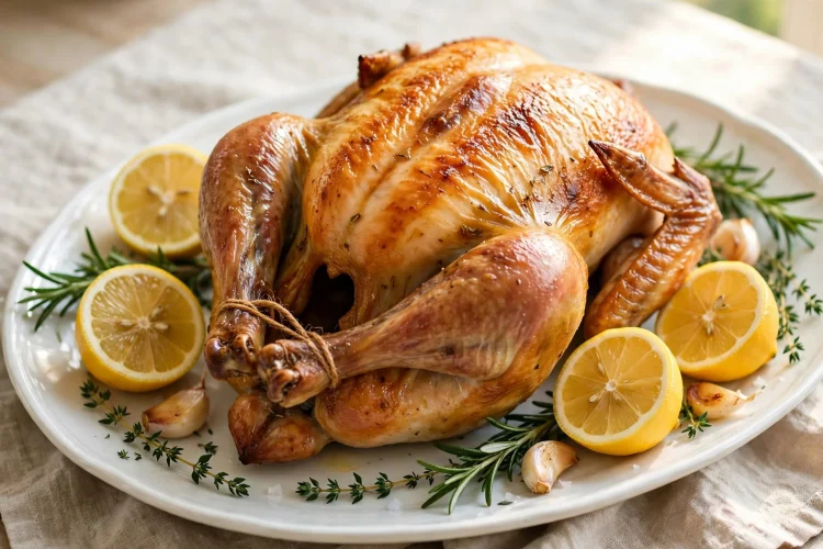 Whole golden lemon herb roast chicken with lemon halves and fresh herbs on a platter