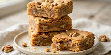 Maple walnut blondies stacked on a plate