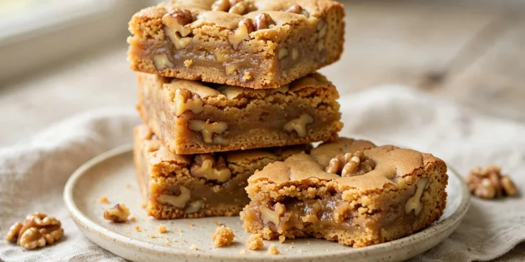 Maple walnut blondies stacked on a plate
