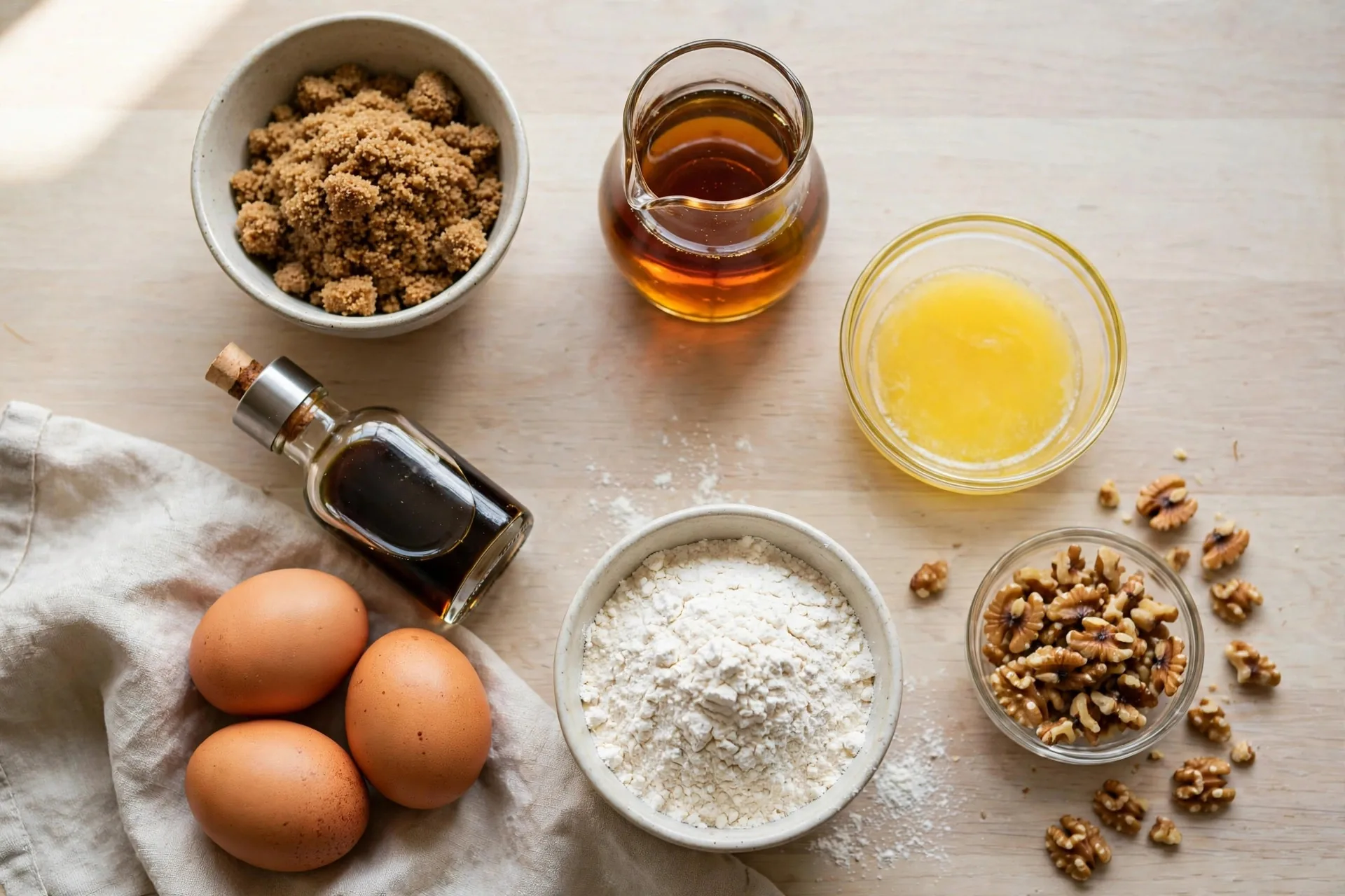 Brown sugar, maple syrup, walnuts, butter, flour, and eggs for blondies