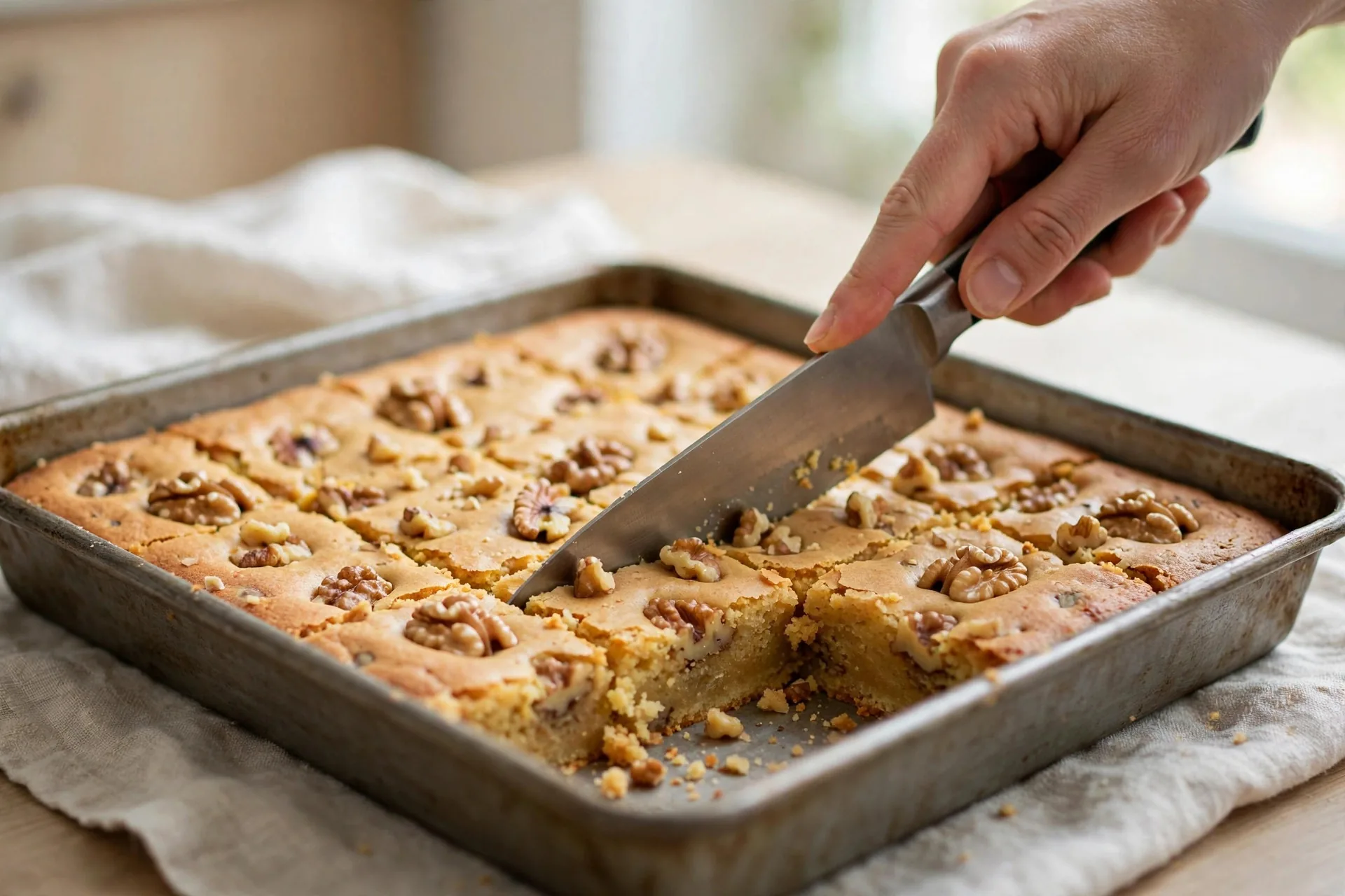 Cutting warm maple walnut blondies into squares in a baking pan
