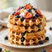 Stack of fluffy Belgian waffles with berries and maple syrup