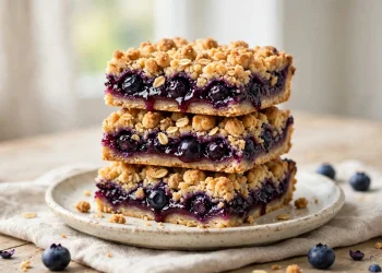 Blueberry crumble bars stacked on a plate showing jammy filling
