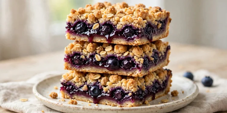 Blueberry crumble bars stacked on a plate showing jammy filling