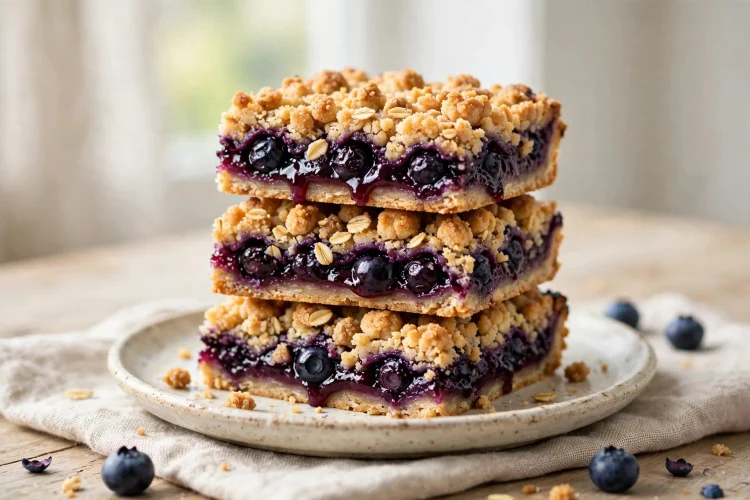 Blueberry crumble bars stacked on a plate showing jammy filling