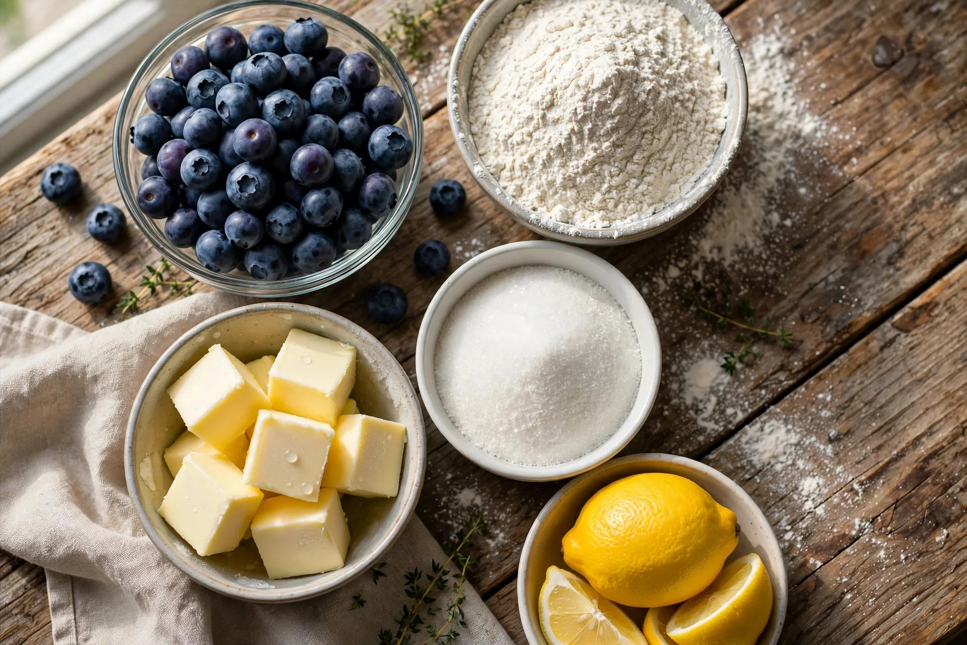 Ingredients for blueberry crumble bars in bowls