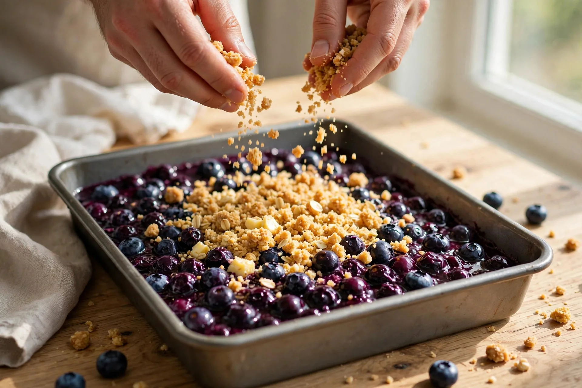 Sprinkling crumble topping over blueberry filling in a baking pan