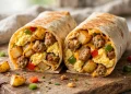 Breakfast burrito cut open showing eggs, sausage, cheese and potatoes