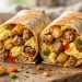 Breakfast burrito cut open showing eggs, sausage, cheese and potatoes