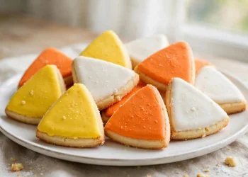 Candy corn sugar cookies in white orange and yellow wedges