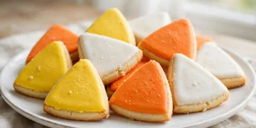 Candy corn sugar cookies in white orange and yellow wedges