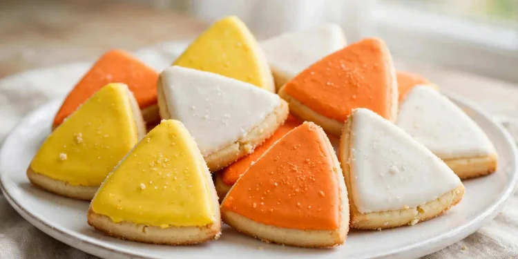 Candy corn sugar cookies in white orange and yellow wedges