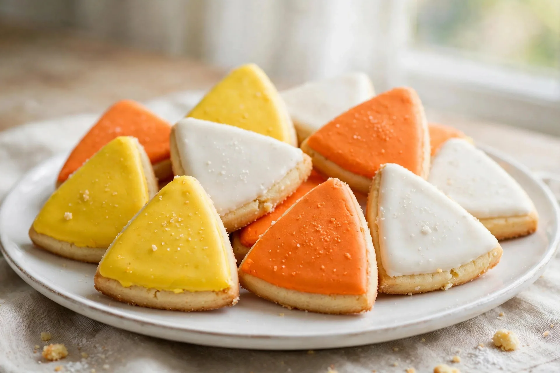 Candy corn sugar cookies in white orange and yellow wedges