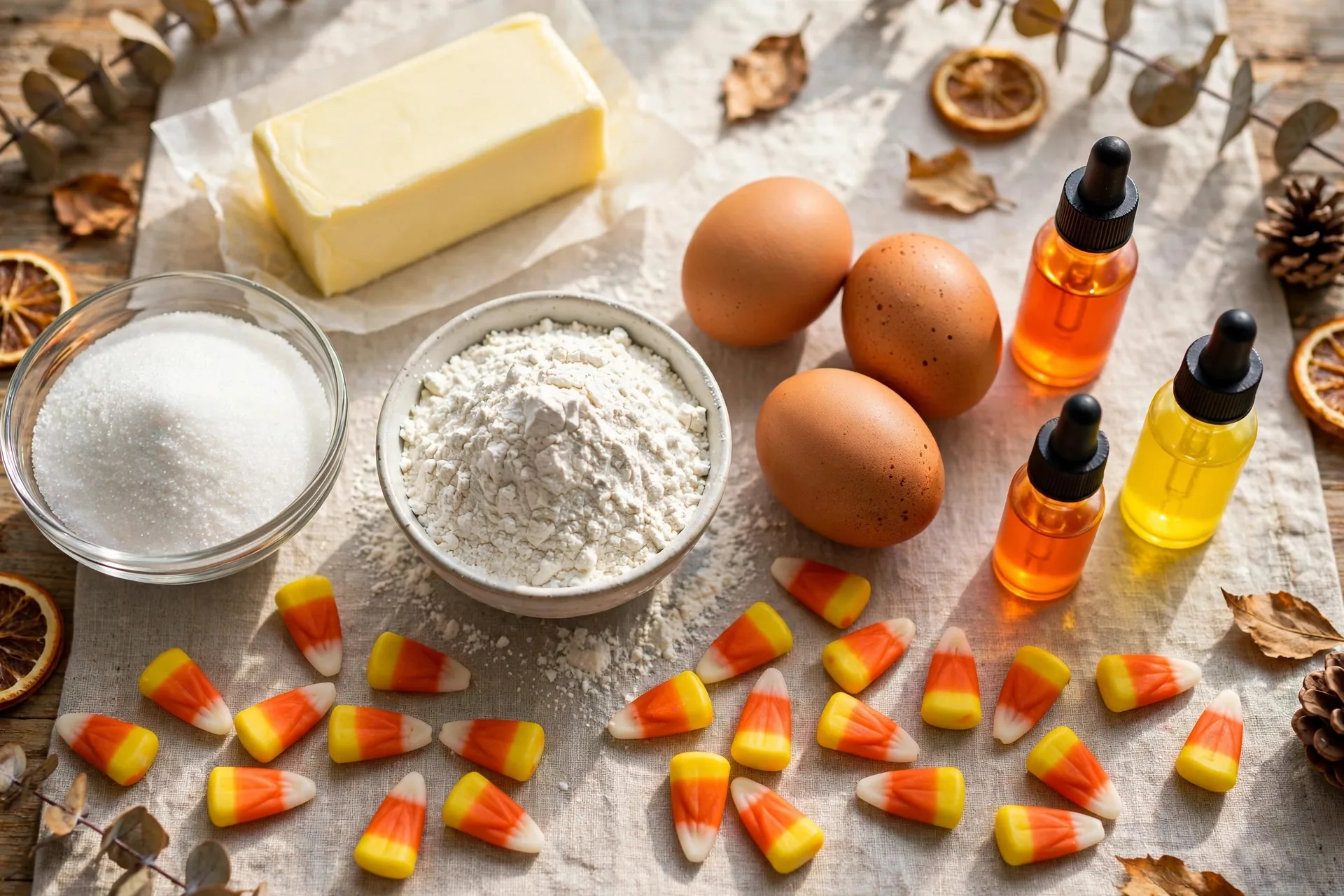 Ingredients for candy corn sugar cookies on a festive table