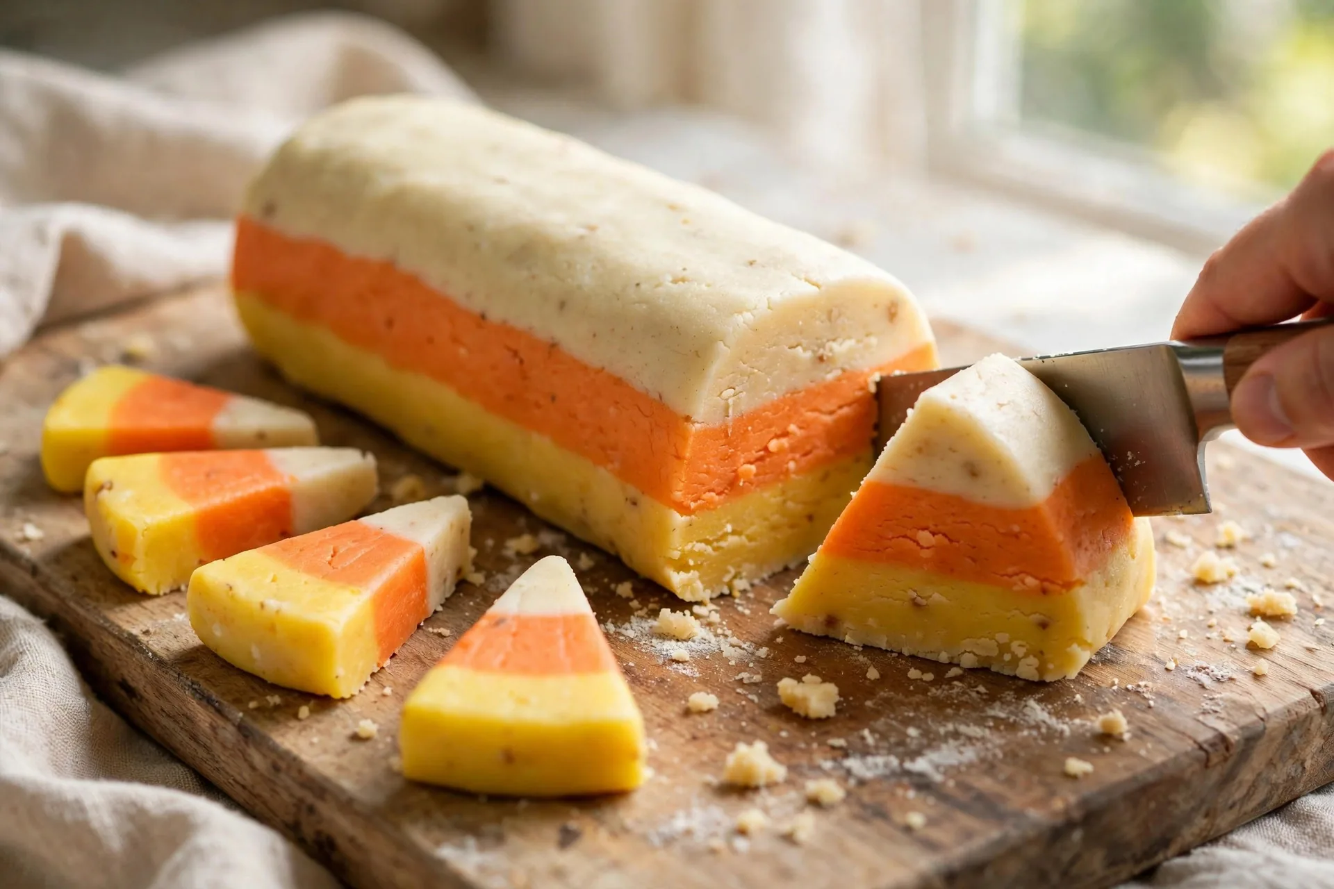 Slicing tri-color cookie dough log into candy corn wedges